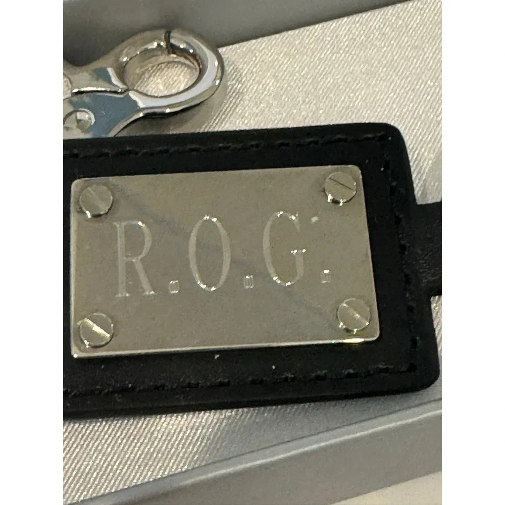 ROG Black Leather Silver Metal Plaque Keychain Keyring R.O.G. Swivel Clasp Clip